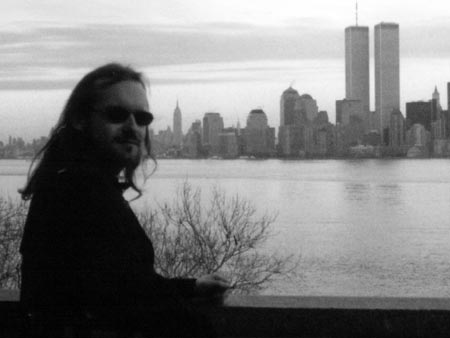 Mark Steel in front of the WTC